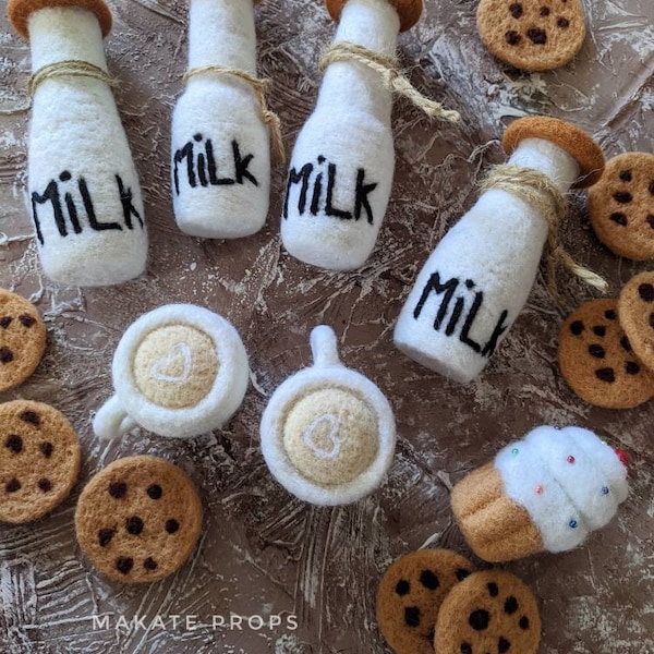 Filzmilchflaschen-Requisiten, Filztasse, Kaffee, Neugeborenen-Filzspielzeug, Kekse, Wolle, Milch-Requisiten, Milch-Neugeborenen-Requisiten, Filz-Milch-Requisiten, Filz-Cupcake-Requisiten