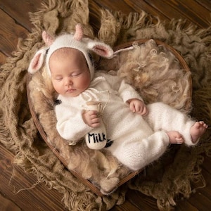Pre order Newborn knitted cow outfit Props Newborn outfit prop knitted footed romper knitted cow outfit milk bottle knitted cow props set