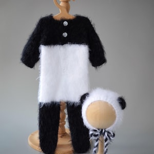 Knit panda bonnet and toys Newborn panda outfit panda ears newborn Knit panda toy Photography props Newborn panda outfit props