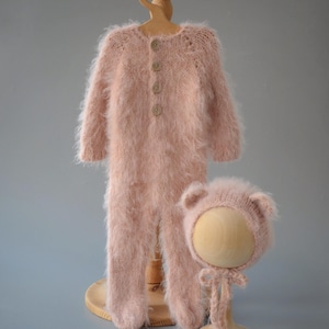 Gestricktes Teddybär-Outfit für Neugeborene, Gestrickter Teddybär, Requisiten, Gestricktes Outfit für Neugeborene, Strampler und Mütze für Neugeborene, Strampler mit Füßen für Neugeborene
