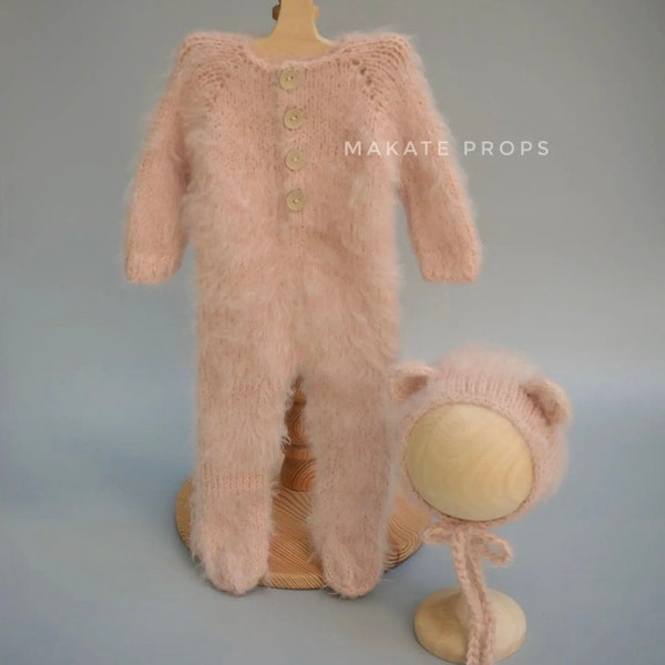 Newborn knitted Teddy Bear outfit Knitted teddy bear Props Newborn Knitted outfit Suit newborn romper und hat Newborn footed romper