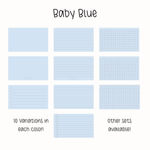 May include: Ten variations of light blue paper sheets with different patterns: blank, lined, and grid. The text "Baby Blue" is at the top of the image. The text "10 variations in each color!" is at the bottom left of the image. The text "other sets available!" is at the bottom right of the image.