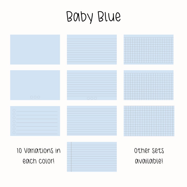 May include: Ten variations of light blue paper sheets with different patterns: blank, lined, and grid. The text "Baby Blue" is at the top of the image. The text "10 variations in each color!" is at the bottom left of the image. The text "other sets available!" is at the bottom right of the image.