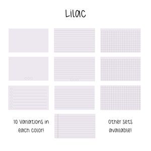 May include: Lilac colored paper sheets in various styles, including lined, blank, and grid. The text "10 variations in each color!" and "other sets available!" is printed below the sheets.