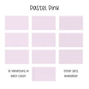 May include: A set of 10 pastel pink printable paper designs. The designs include blank, lined, and grid paper. The text "10 Variations in each color!" and "other sets available!" is included in the image.