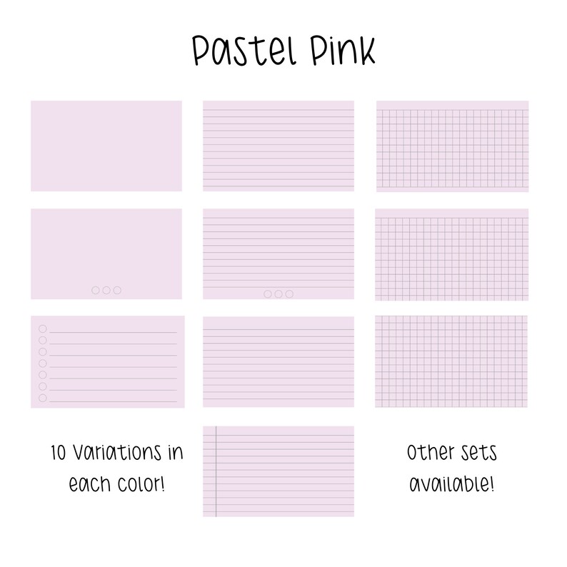 May include: A set of 10 pastel pink printable paper designs. The designs include blank, lined, and grid paper. The text "10 Variations in each color!" and "other sets available!" is included in the image.