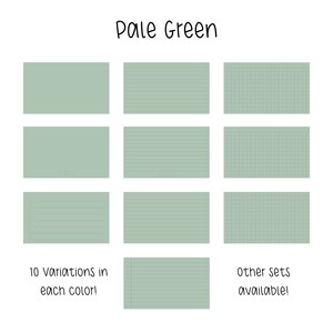 May include: Ten variations of pale green paper with different patterns: plain, lined, and grid. The text "10 variations in each color!" and "other sets available!" is also included.