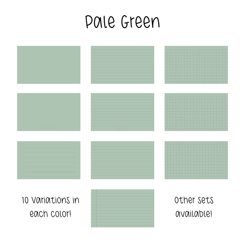 May include: Ten variations of pale green paper with different patterns: plain, lined, and grid. The text "10 variations in each color!" and "other sets available!" is also included.