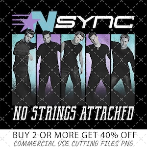 Op de afbeelding: Een digitale download van vijf silhouetbeelden van de boyband NSYNC, met de bandnaam en de albumtitel "No Strings Attached" in een retro stijl. De tekst "Koop 2 of meer en krijg 40% korting" en "Commerciële gebruikssnijbestanden PNG" zijn ook inbegrepen.