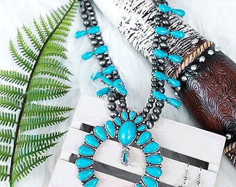 Western Boho Crystal Turquoise Squash Blossom Statement  display picture 1