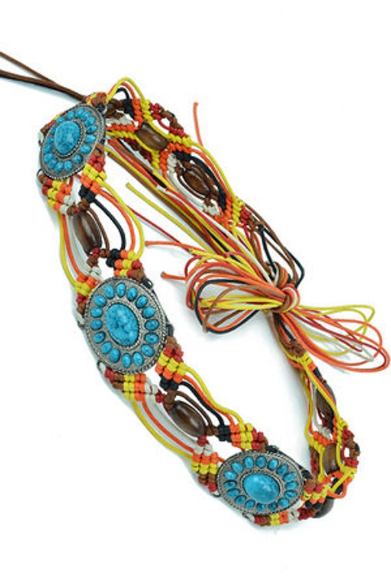 Bohemian Beaded Concho Belt Bohemian Style Faux Concho White Metal Beaded Belt, Possibly  main image 3