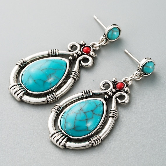 Beautiful Turquoise Bead and Ruby Alloy Geometric Post Earrings/Western  Earrings/Gifts for Her/Simulated Turquoise Earrings/Jewelry