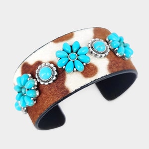 Gorgeous Turquoise Squash Blossom Cow Pattern Cuff Bracelet/Western Jewelry/Gifts for Her/Animal Pattern Cuff Bracelet