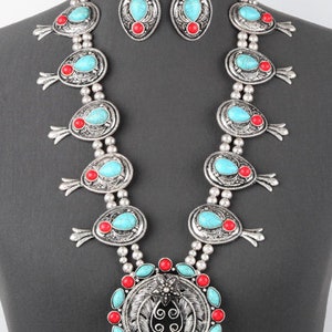 Beautiful Native American/Western Turquoise Stone  Squash Blossom Necklace and Earring Set'/Statement Necklace