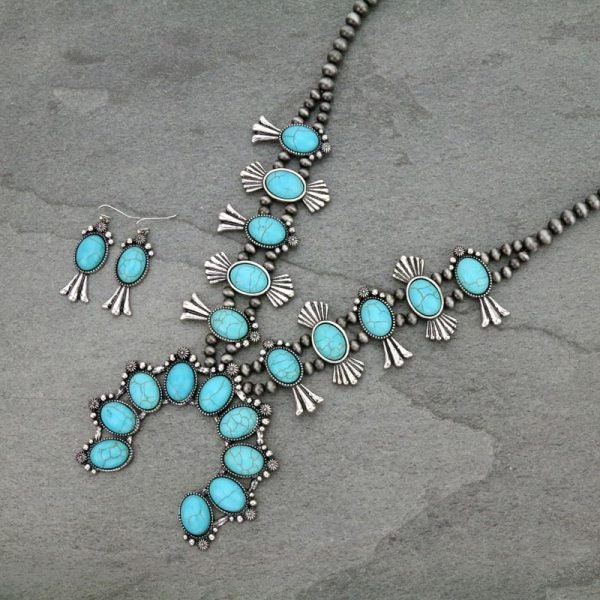 Gorgeous Hand Crafted Faux Turquoise Druzy Stone Burnished Silver Squash Blossom Set/Western Jewelry/Statement Jewelry/Gifts for Her