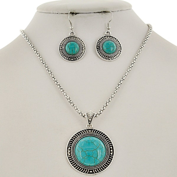 Beautiful Faux Turquoise Western Pendant and Earring Set/Gifts for Her/Jewelry Set/Accessories