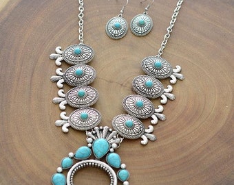 Beautiful Hand Crafted Western Turquoise Squash Blossom Necklace Set/Gifts for Her/ Turquoise Jewelry