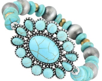 Turquoise Stone and Bead Stretch Bracelet/Stretch Fit Turquoise Beaded Bracelet/Flower Bracelet/Western Jewelry/Gifts For Her/Accessories