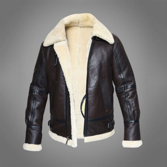 Leather Jacket Mens Bomber Sheepskin Shearling Fur Brown Pilot - Etsy