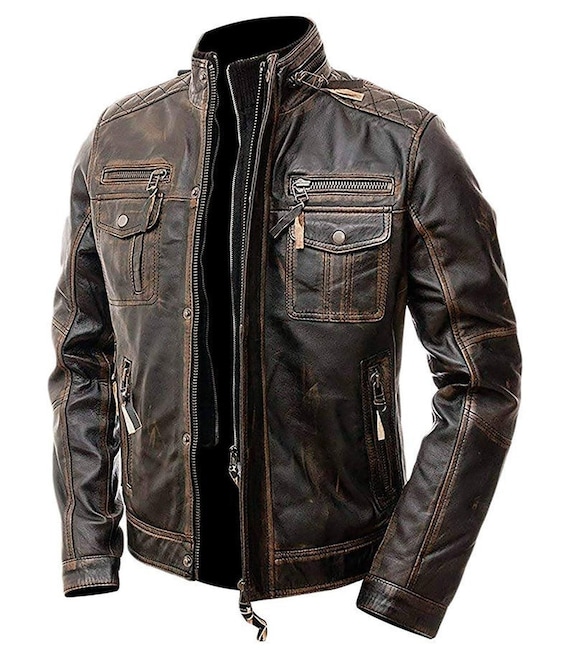 Leather Jacket Men Biker Vintage Cafe 