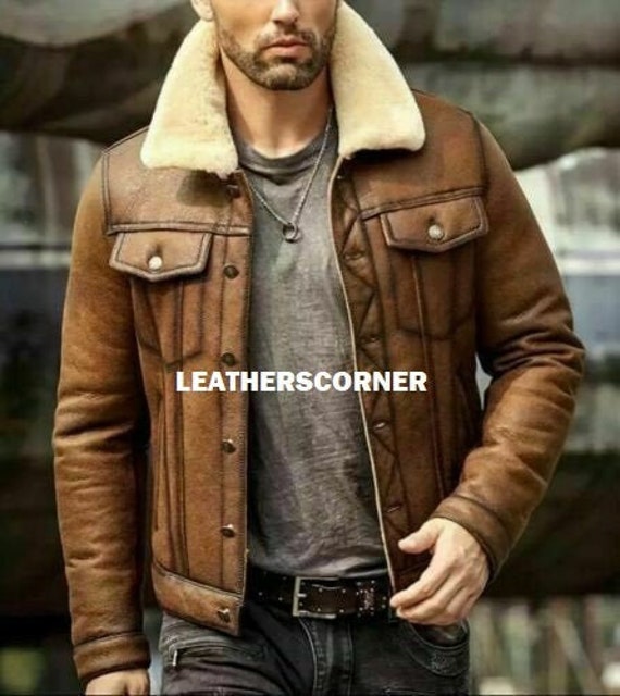 Leather Jacket Men Bomber Aviator Shearling Fur Distressed Sheepskin Genuine Leather Jacket
