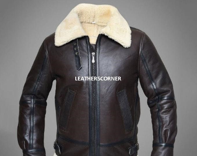 Leather Jacket Mens Bomber Sheepskin Shearling Fur Brown Pilot - Etsy