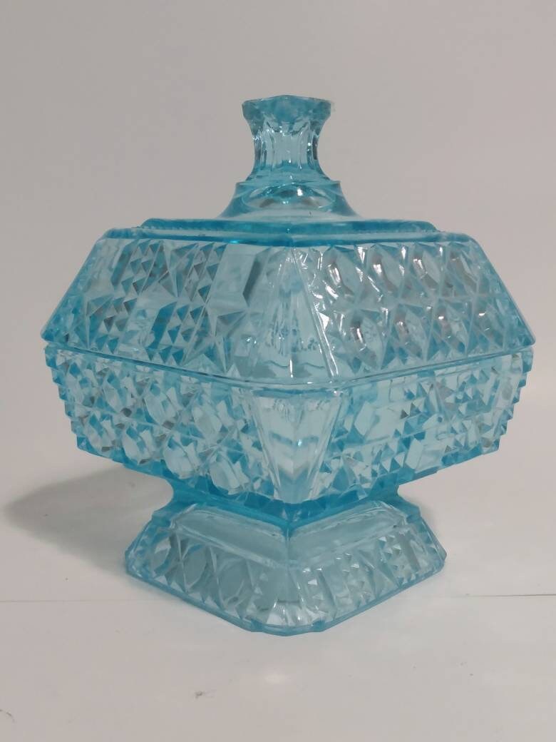 Vintage Turquoise Blue Glass Square Pedestal Candy Dish Etsy