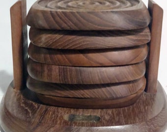 Set of 6 Bullseye Square Desing Goodwood Teak Vintage Coasters & Rack MCM Thailand