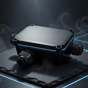 May include: A black electrical junction box with a square shape and a flat top. The box has rounded corners and several black connectors. A thin blue light outlines the top. The background is dark with a grid pattern.