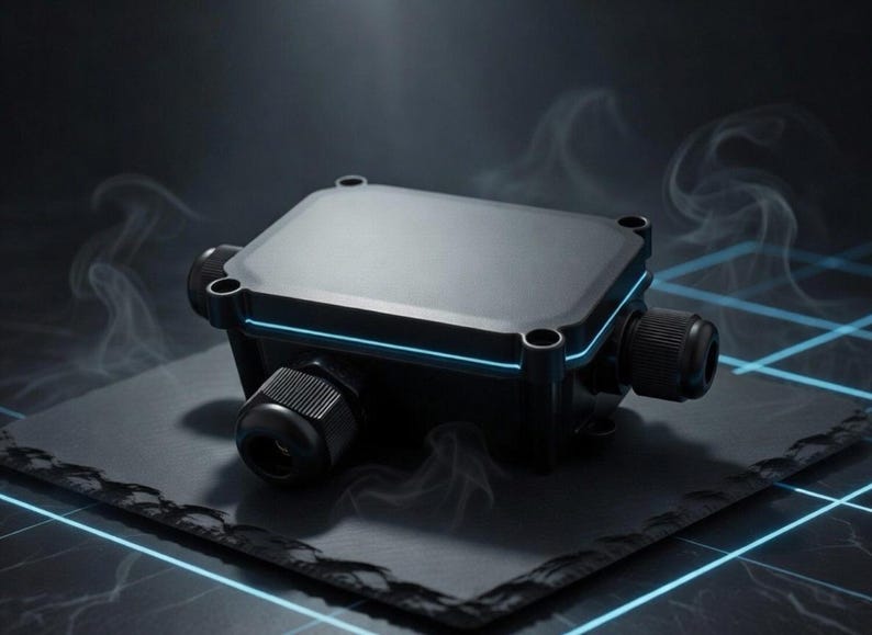 May include: A black electrical junction box with a square shape and a flat top. The box has rounded corners and several black connectors. A thin blue light outlines the top. The background is dark with a grid pattern.