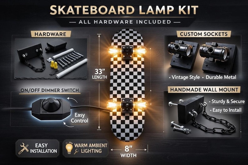 Skateboard Lamp Kit DIY | Wall Mount + Dimmer Switch Light (Deck Not Included) Skater Gift image 13