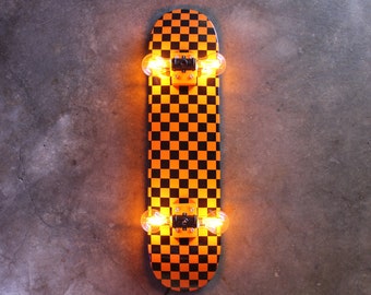Skateboard Lamp Checkerboard Orange & Black. Dimmer Switch For Multiple Light Settings. Dimmable Orange LED Light Bulbs or Clear Lightbulbs