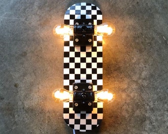 Skateboard Lamp, Black And White Checkerboard Mini. Dimmer Switch With Multiple Light Settings. With Or Without Dimmable LED Light Bulbs