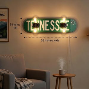 Skateboard Tennessee Road Sign: Wall Mount, Dimmer Switch with Vintage Style Light Bulbs