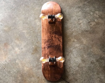 Skateboard Lamp Coffee Bean, Woodgrain Stain. Dimmer Switch With Multiple Light Settings. With Or Without Dimmable LED Light Bulbs