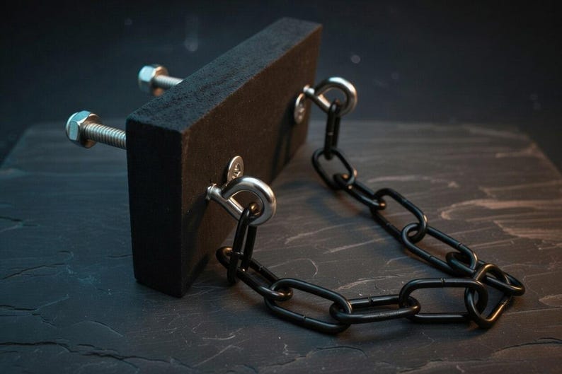May include: A black rectangular block with two bolts and a black chain attached. The bolts are silver and the chain is made of black metal links. The block appears to be made of a dense, dark material.