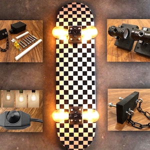 Skateboard Lamp Kit With Wall Mount, Dimmer Switch With Dimmable Light Settings, Edison Vintage or Clear LED Style Lightbulbs. DIY Gift Idea