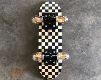 Skateboard Lamp, Wood And Black Checkerboard Min. Dimmer Switch With Multiple Light Settings. With Or Without LED Dimmable Light Bulbs
