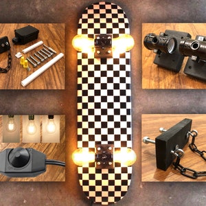 Skateboard Lamp Kit With Wall Mount, Dimmer Switch With Dimmable Light Settings, Edison Vintage or Clear LED Style Lightbulbs. DIY Gift Idea