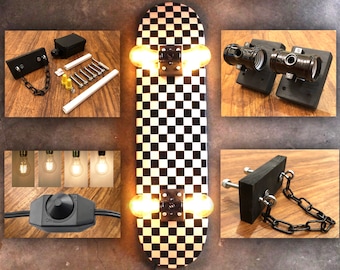 Skateboard Lamp Kit With Wall Mount, Dimmer Switch With Dimmable Light Settings, Edison Vintage or Clear LED Style Lightbulbs. DIY Gift Idea