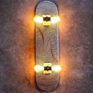 Skateboard Lamp, Hand Drawn Illusion Twist. Vintage Rope Dimmer Switch With Dimmable LED Clear or Vintage Style Light Bulbs