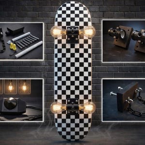 May include: A skateboard-shaped wall lamp with a black and white checkered pattern. The lamp features Edison-style light bulbs and is surrounded by images of its components, including chains, screws, and a dimmer switch.