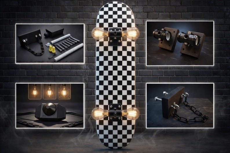May include: A skateboard-shaped wall lamp with a black and white checkered pattern. The lamp features Edison-style light bulbs and is surrounded by images of its components, including chains, screws, and a dimmer switch.
