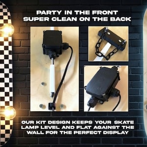 May include: A skateboard lamp with a black and white checkered design on the front and a clean wooden finish on the back. The lamp features light bulbs and a black electrical system. Text on the image reads: "PARTY IN THE FRONT SUPER CLEAN ON THE BACK".