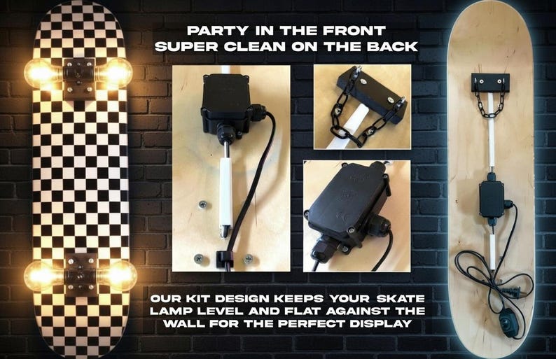 May include: A skateboard lamp with a black and white checkered design on the front and a clean wooden finish on the back. The lamp features light bulbs and a black electrical system. Text on the image reads: "PARTY IN THE FRONT SUPER CLEAN ON THE BACK".