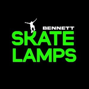May include: Black background with the words "SKATE LAMPS" in bright green, with the word "BENNETT" in white above. A white silhouette of a skateboarder is above the word "SKATE".