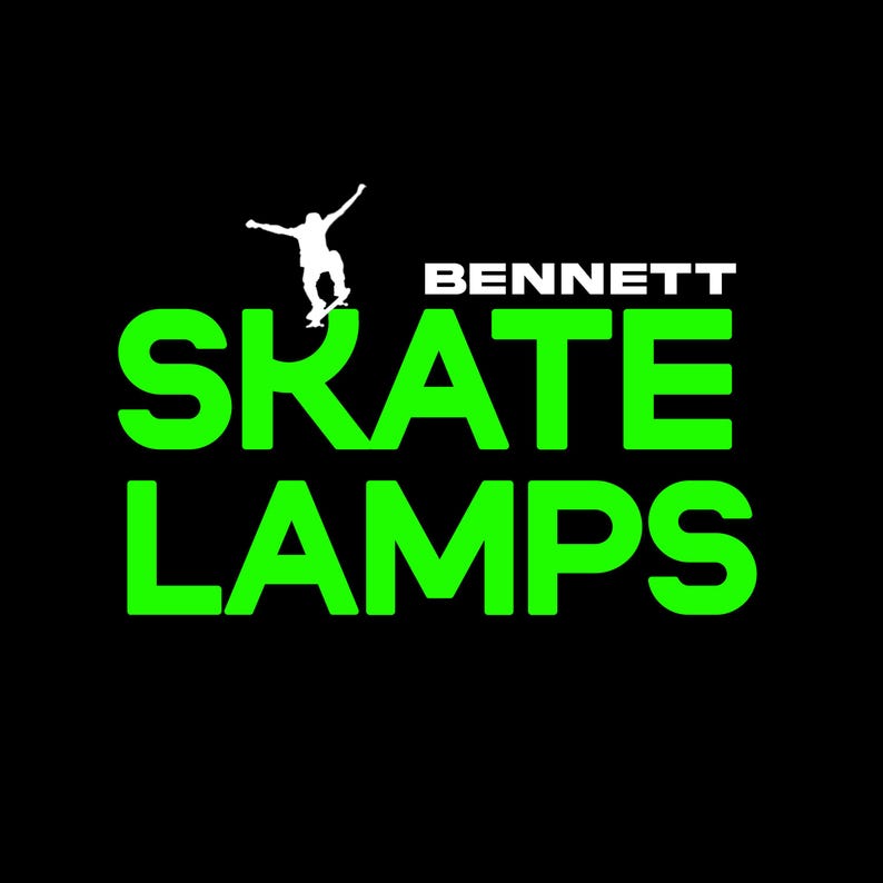 May include: Black background with the words "SKATE LAMPS" in bright green, with the word "BENNETT" in white above. A white silhouette of a skateboarder is above the word "SKATE".