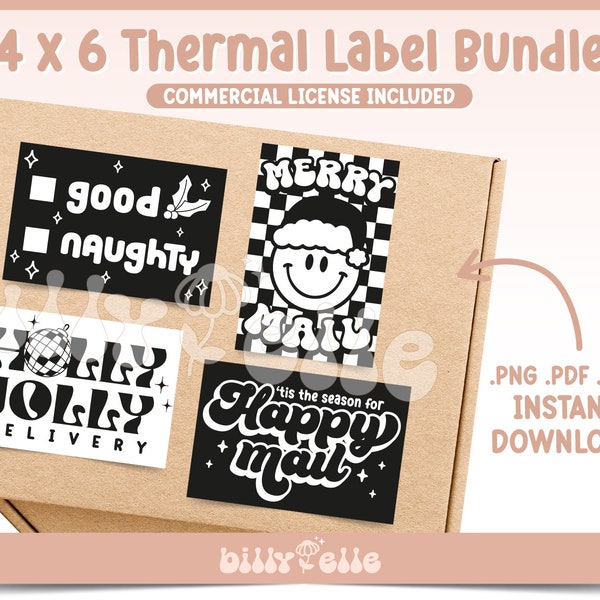 Christmas Happy Mail Thermal Labels Bundle - Small Business Stickers - Packaging Supplies - Merry Mail Thermal Printer File PNG Sticker