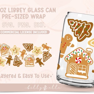 Könnte beinhalten: Ein digitales Design für eine 473 ml Libbey Glasdose mit Lebkuchen, einem Lebkuchenhaus und einem Weihnachtsbaum. Das Design ist geschichtet und einfach zu verwenden. SVG-, PNG- und DXF-Dateien sind enthalten. Kommerzielle Lizenz enthalten.