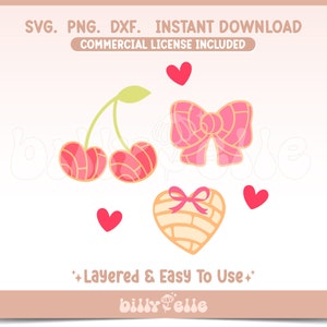 May include: A digital download of a layered SVG, PNG, and DXF file featuring a pink bow, two cherries, a heart-shaped pastry, and three hearts. The text "Layered & Easy To Use" and "billyPelle" are also included.
